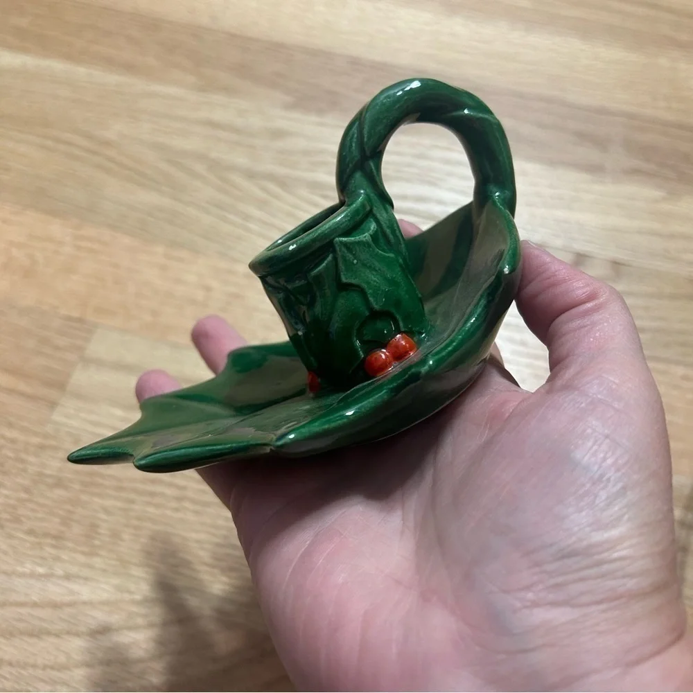 Vintage Christmas Holly Leaf Candle Holder Home Decor Green